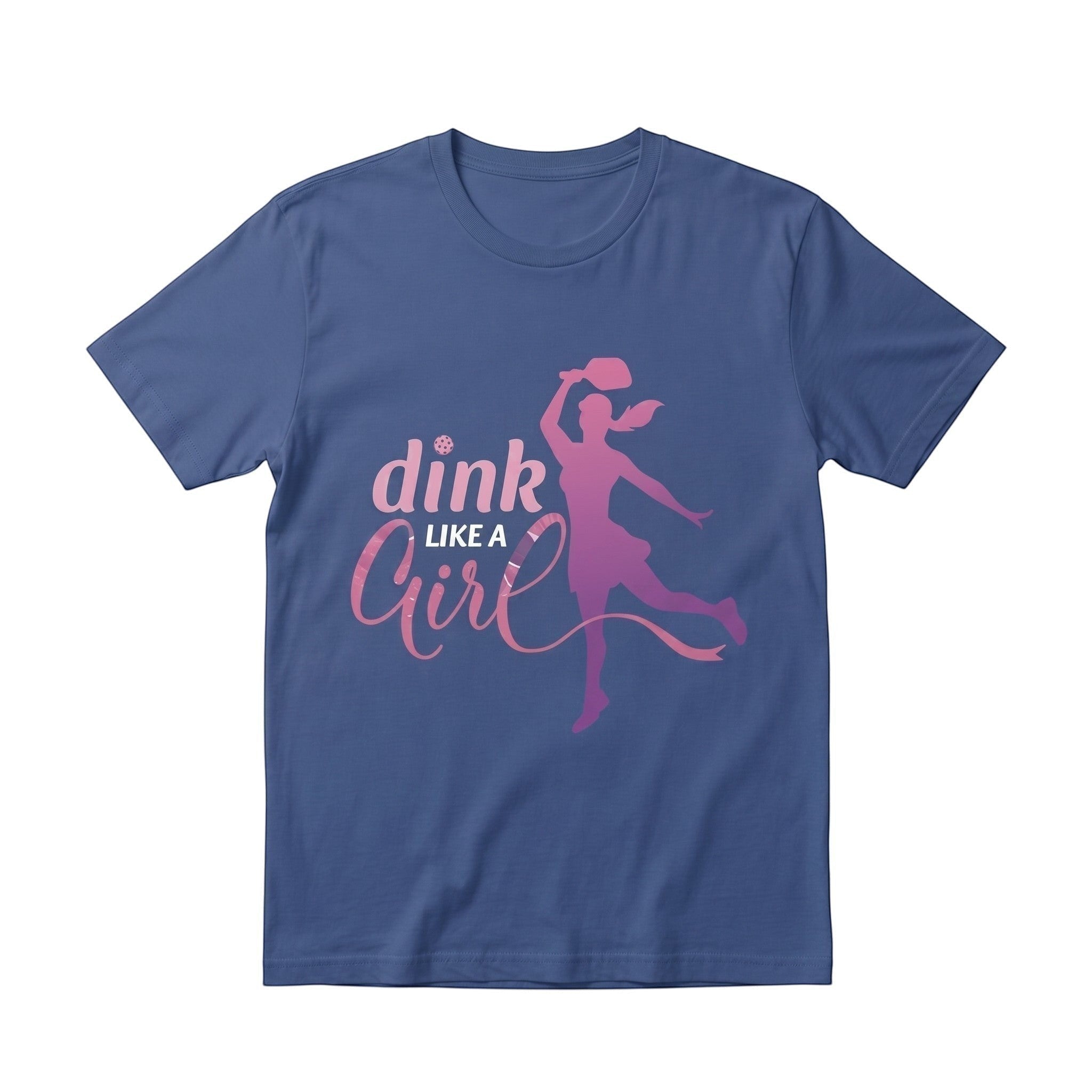 TrendyShift.Com blue unisex cotton t-shirt featuring a pink Dink Like a Girl pickleball graphic print.