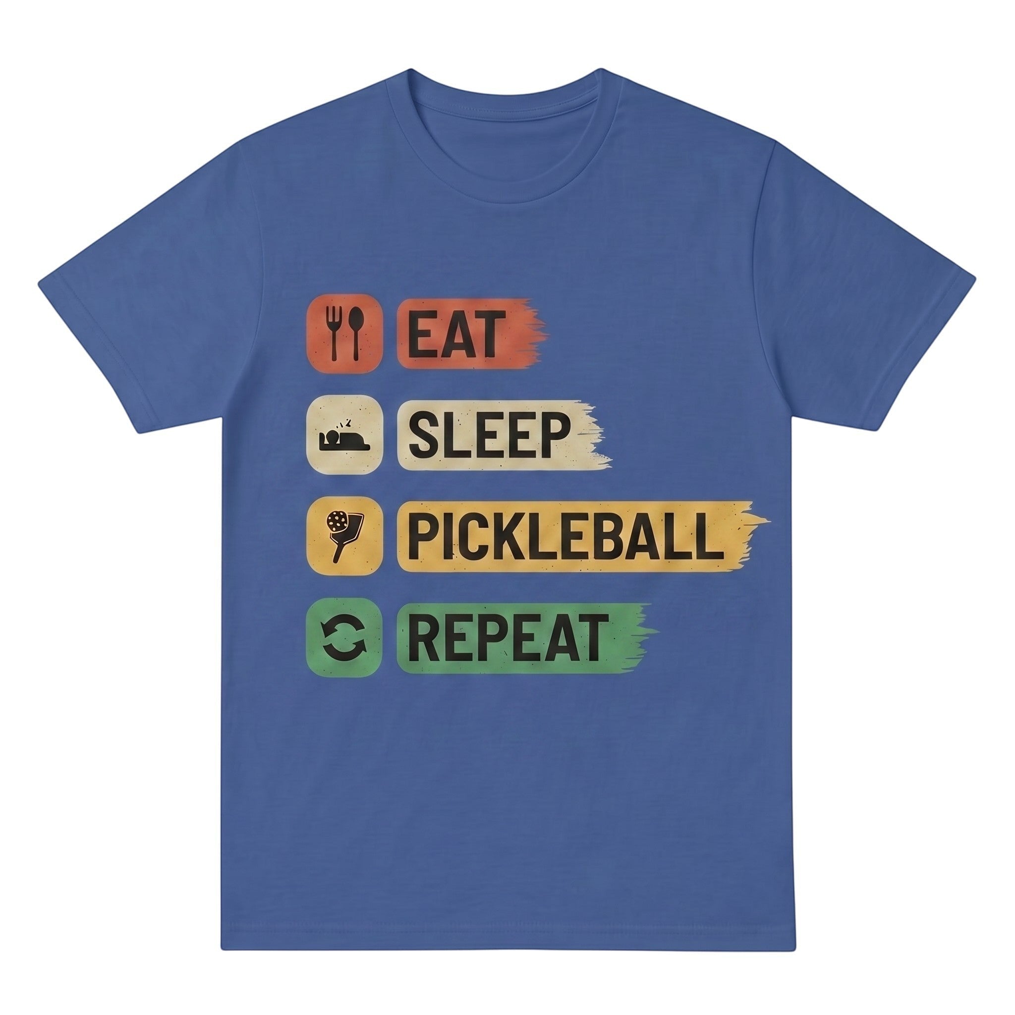 TrendyShift.Com blue cotton unisex pickleball t-shirt with Eat Sleep Pickleball Repeat graphic print