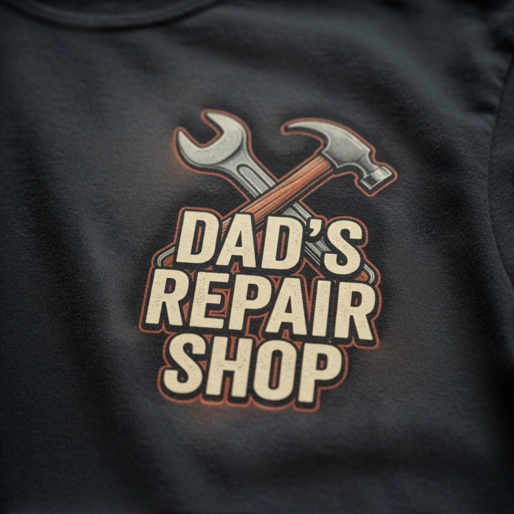 TrendyShift.Com black cotton crew neck t-shirt featuring a vintage Dad's Repair Shop graphic with hammer and wrench
