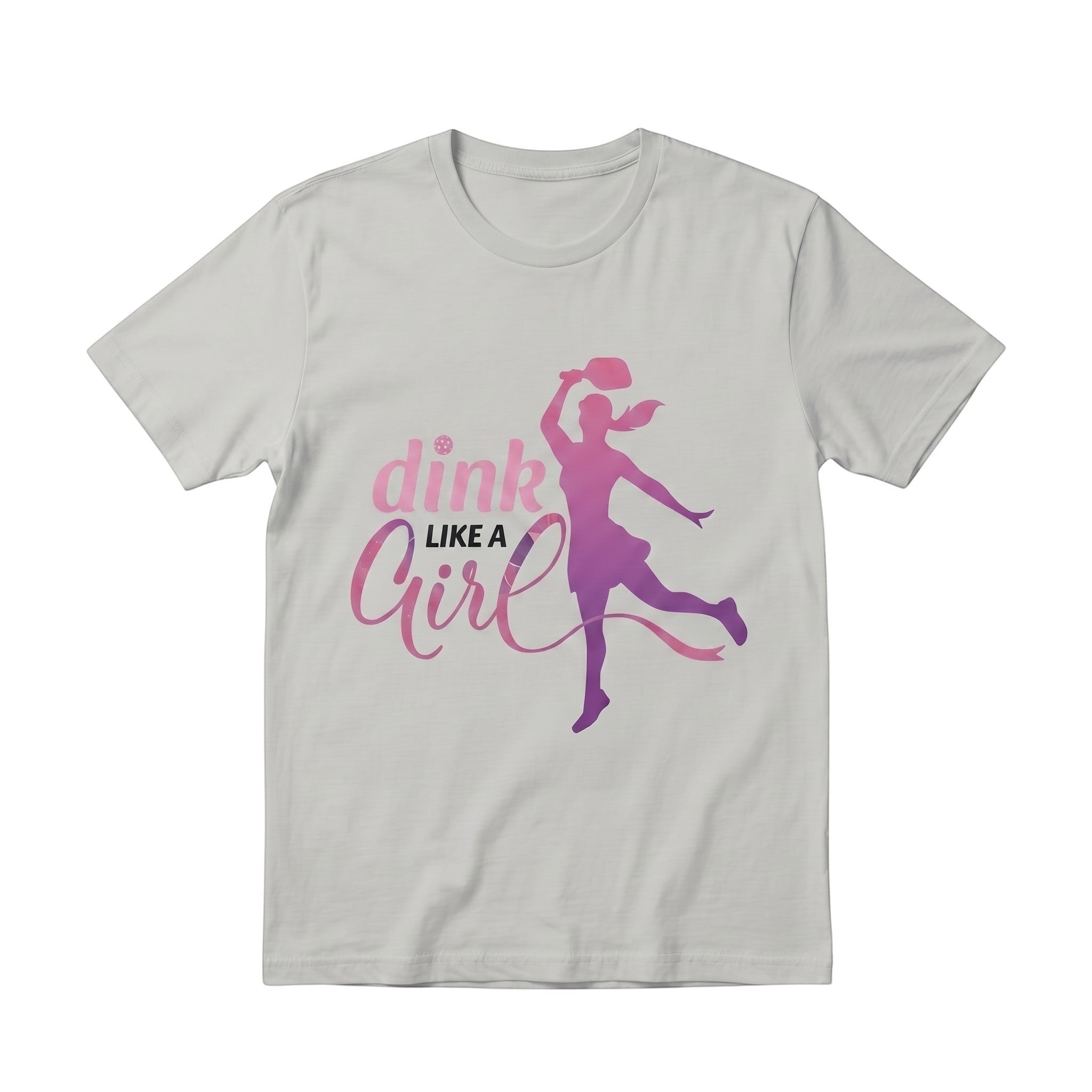 TrendyShift.Com grey unisex cotton t-shirt with a pink and purple gradient Dink Like a Girl pickleball graphic.