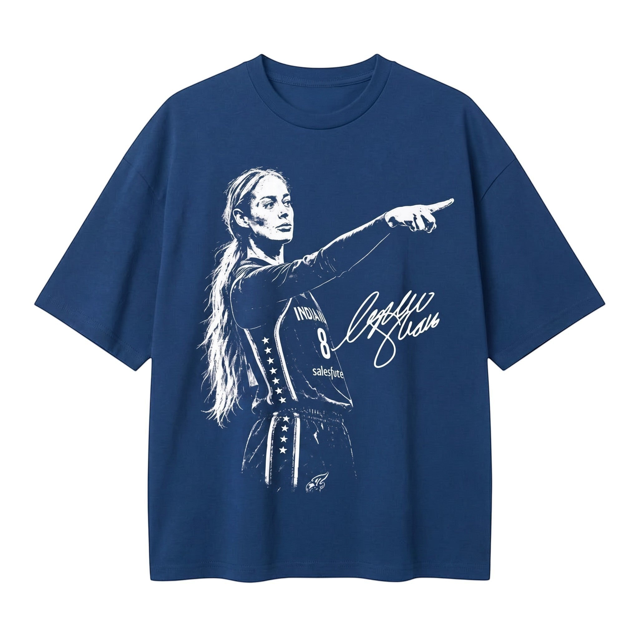 TrendyShift.Com navy blue cotton t-shirt featuring a white graphic print of a female basketball player pointing.