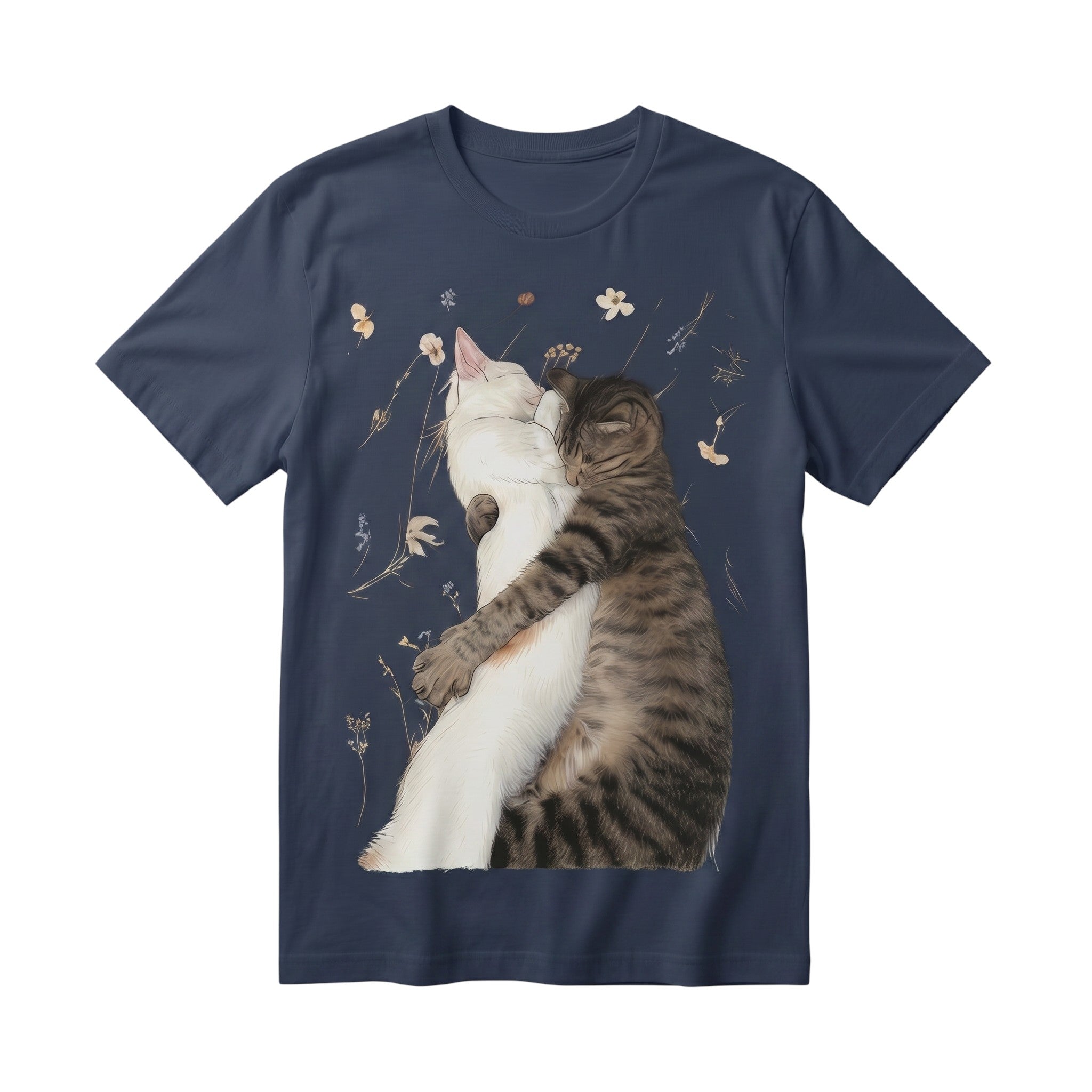 TrendyShift.Com navy blue 100% cotton t-shirt featuring a graphic illustration of two cats hugging among wildflowers.