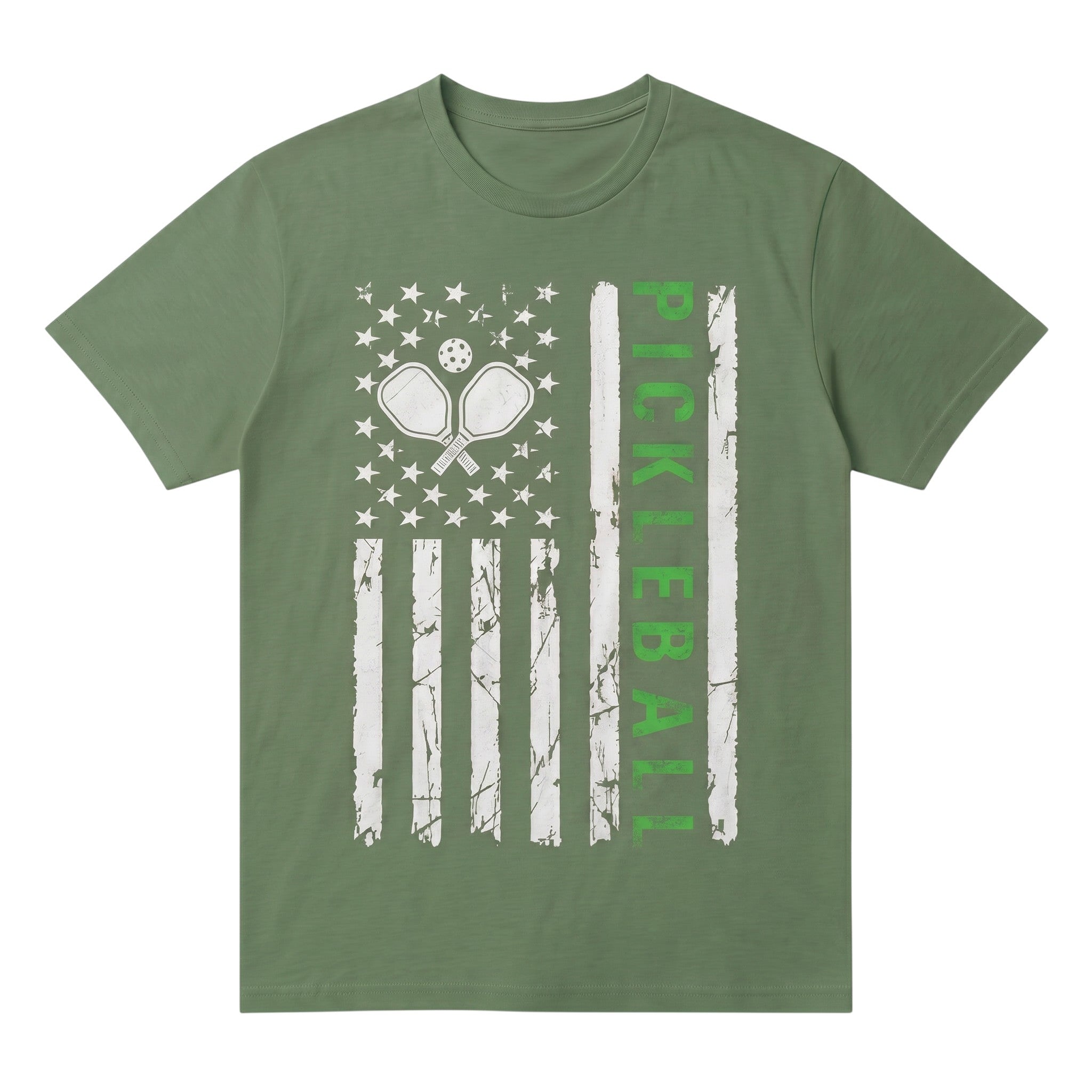 TrendyShift.Com olive green unisex cotton pickleball t-shirt with a distressed American flag and paddle graphic.