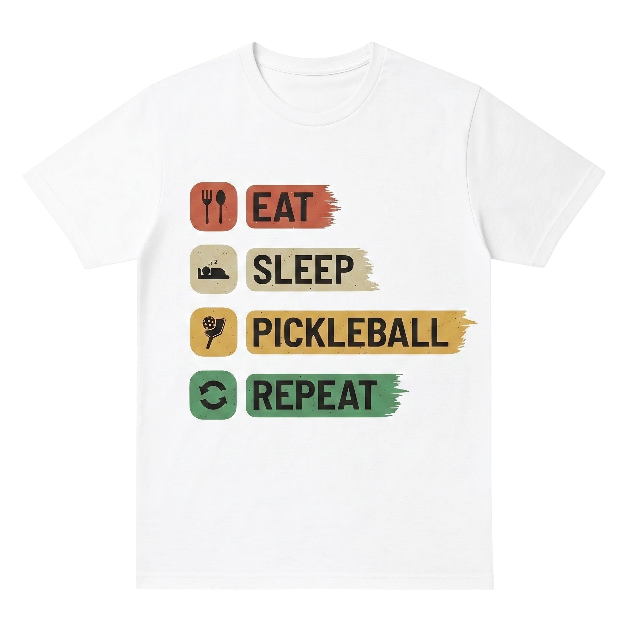 TrendyShift.Com white cotton unisex t-shirt featuring an Eat Sleep Pickleball Repeat graphic print design.