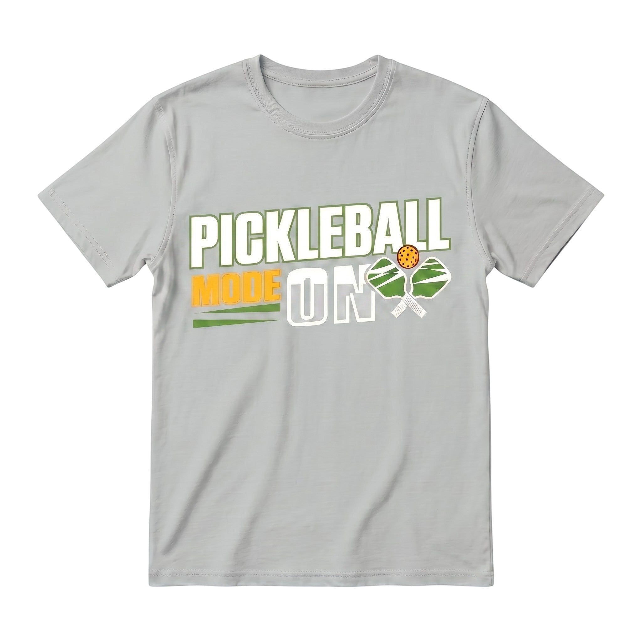 TrendyShift.Com light grey unisex cotton t-shirt with Pickleball Mode On graphic print and pickleball paddles