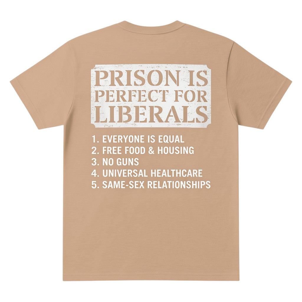TrendyShift.Com tan heavy-weight cotton unisex t-shirt featuring a satirical political graphic on the back.