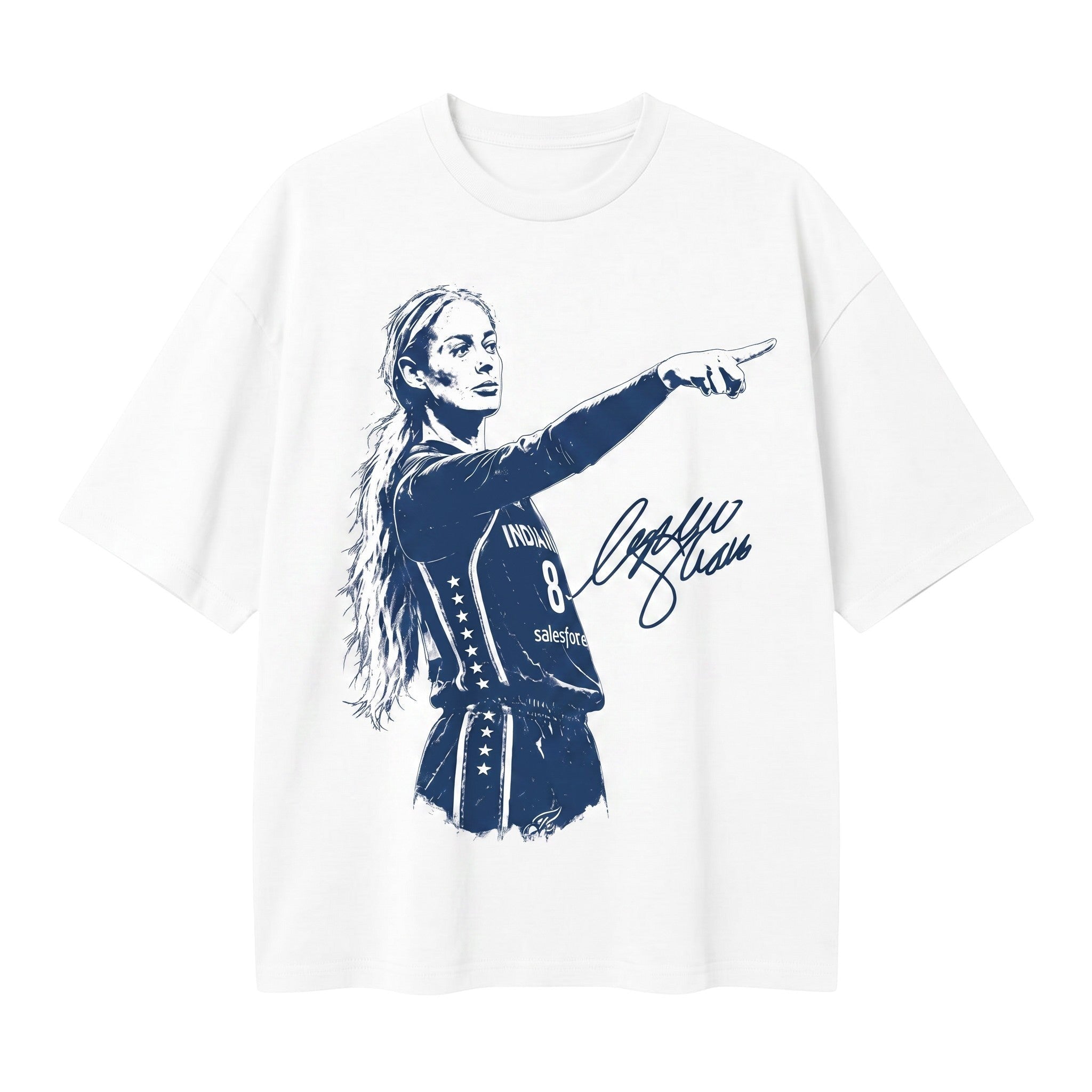TrendyShift.Com white cotton t-shirt featuring a blue graphic illustration of a female basketball player pointing.