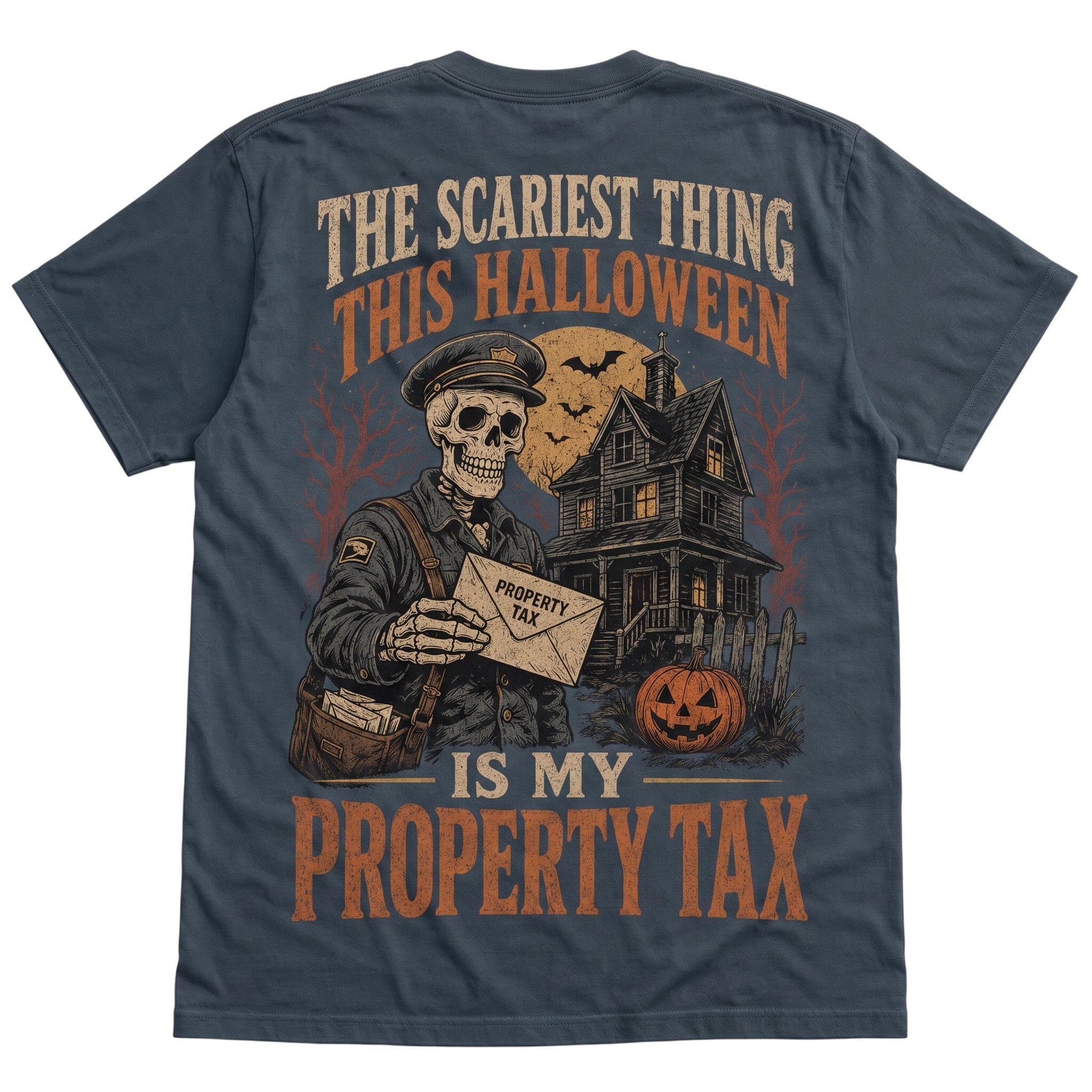 WearTheJoke.com charcoal grey 100% cotton Halloween t-shirt featuring a skeleton mailman and haunted house graphic.